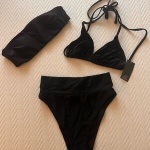 AERIE Black Bikini Set high cut cheeky bottoms & bandeau top size small